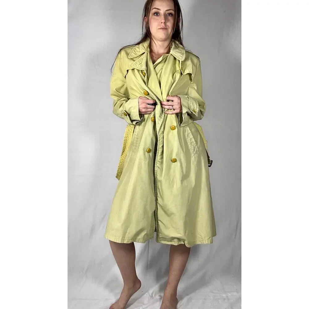 Vintage 1980s Hand Dyed Ombre Dip Dye Trench Coat Yellow Green Double Breasted